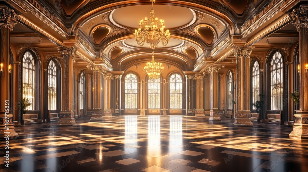 Grand opulent ballroom with high ceilings, chandeliers, and marble floor. Grand opulent ballroom with high ceilings, chandeliers, and marble floor.