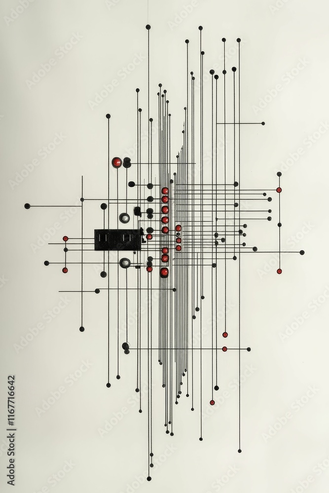 Abstract artwork; lines, dots, red accents. Abstract artwork; lines, dots, red accents.