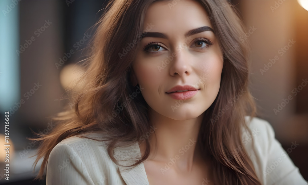 Naklejka premium Beautiful young woman with long brown hair smiling indoors