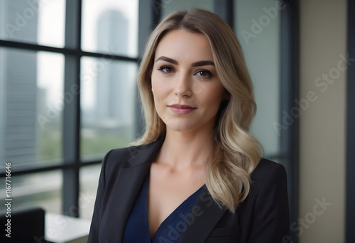 Free Download Businesswoman smiling in modern office building - GFXLoad