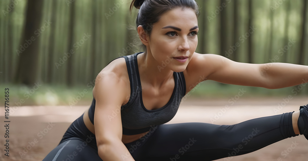 Young sporty woman stretching legs in the woods before exercising Young sporty woman stretching legs in the woods before exercising