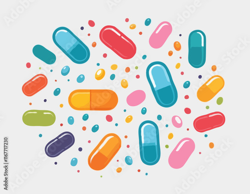 Multi Vitamin complex icons poster. Vector illustration. Multivitamin supplement, b1, d, e, mg, c, zinc, magnesium, a. Diet poster. Colorful pills capsule, droplet group on white background.