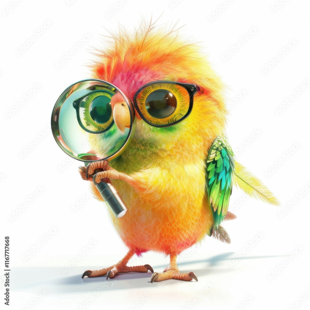 Fototapeta premium Cute funny parrot holding a large magnifying glass in a playful pose
