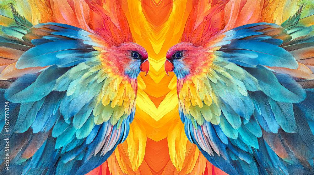 Obraz premium Vibrant symmetrical parrots with colorful feathers in a mirrored composition