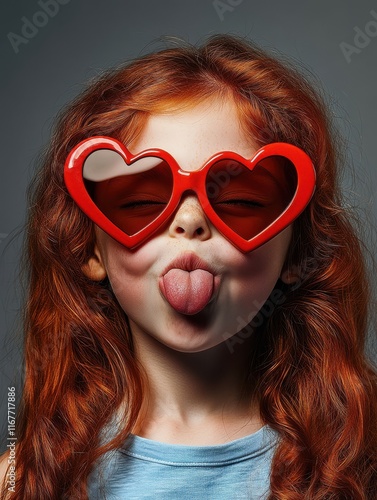 childhood, valentines day and summer concept - naughty red haired girl with heart shaped sunglasses showing tongue over grey background photo