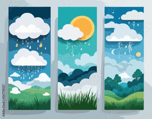 Vertical posters set with fluffy clouds and grass lawn. Weather forecast app widgets. Thunderstorm, rain, sunny day, night and winter snow. Vector illustration. Paper cut style. Place for text