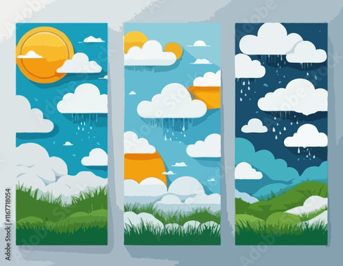 Vertical posters set with fluffy clouds and grass lawn. Weather forecast app widgets. Thunderstorm, rain, sunny day, night and winter snow. Vector illustration. Paper cut style. Place for text