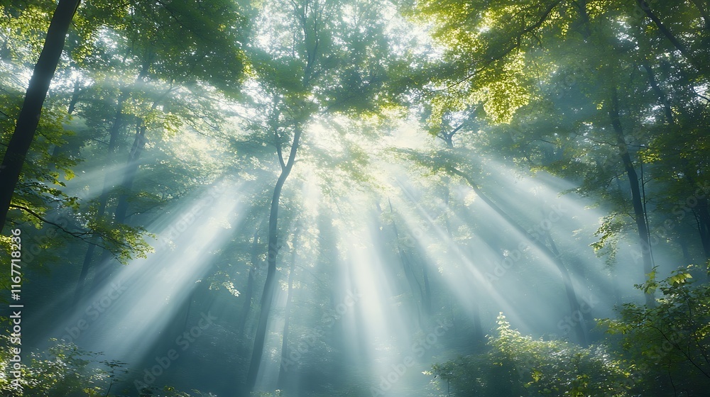 A dense foggy forest in the early morning, with sunlight filtering through the trees and creating a mystical atmosphere A dense foggy forest in the early morning, with sunlight filtering through the trees and creating a mystical atmosphere