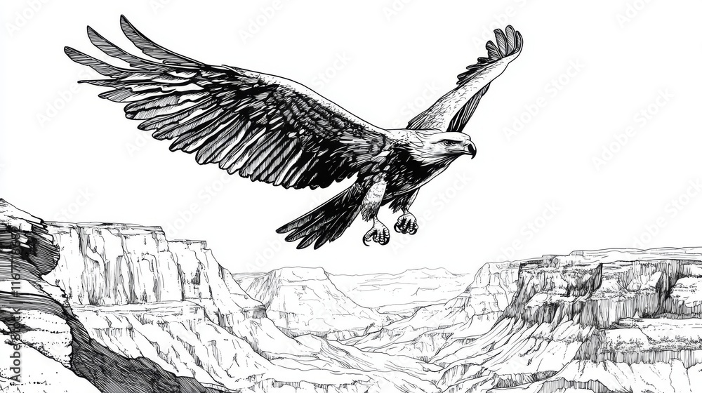 Fototapeta premium Majestic eagle in flight over a grand canyon landscape, sketched in monochrome.