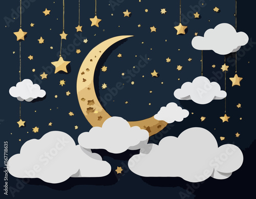 Good night and sweet dreams banner. Fluffy clouds on dark sky background with gold moon and hanging 3d stars. Vector illustration. Paper cut style. Place for text. Ramadan Sale Poster Template