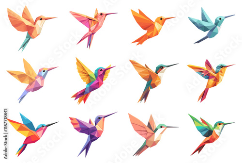 Low poly colorful hummingbird set. Exotic tropical little bird with wings wild life symbol. Colibri side view. Origami toy emblem. Animal geometric triangled shape. Flat style isolated vector clipart