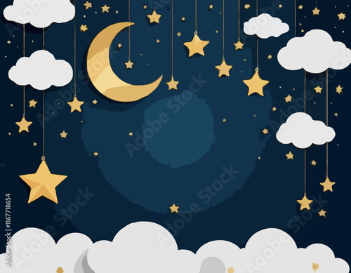 Good night and sweet dreams banner. Fluffy clouds on dark sky background with gold moon and hanging 3d stars. Vector illustration. Paper cut style. Place for text. Ramadan Sale Poster Template