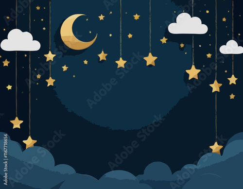 Good night and sweet dreams banner. Fluffy clouds on dark sky background with gold moon and hanging 3d stars. Vector illustration. Paper cut style. Place for text. Ramadan Sale Poster Template