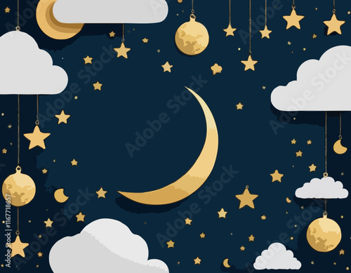 Good night and sweet dreams banner. Fluffy clouds on dark sky background with gold moon and hanging 3d stars. Vector illustration. Paper cut style. Place for text. Ramadan Sale Poster Template