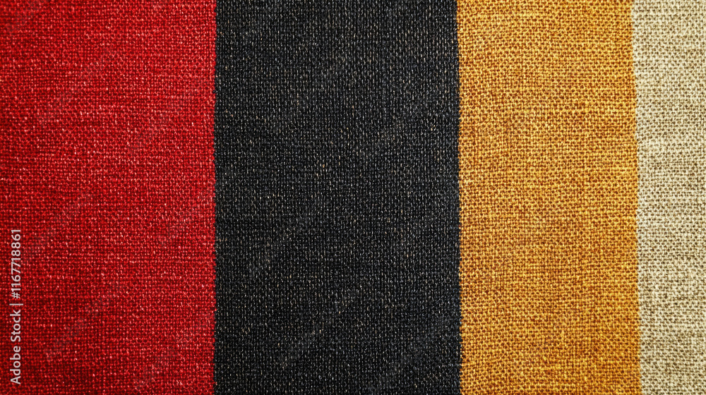 Fototapeta premium Colorful fabric texture with red, black, and brown stripes