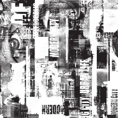 Abstract seamless pattern with newspaper headlines, concerned human eyes, urban landscapes. Chaotic vector background on the theme of city life in retro style. Wallpaper, wrapping paper, fabric design