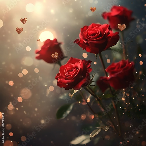 bouquet of red roses with heart-shaped petals for Valentine's Day