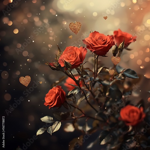 bouquet of red roses with heart-shaped petals for Valentine's Day