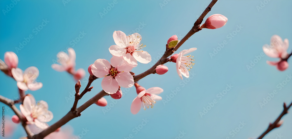 Beautiful pink spring flowers blooming on tree branch against blue sky Beautiful pink spring flowers blooming on tree branch against blue sky
