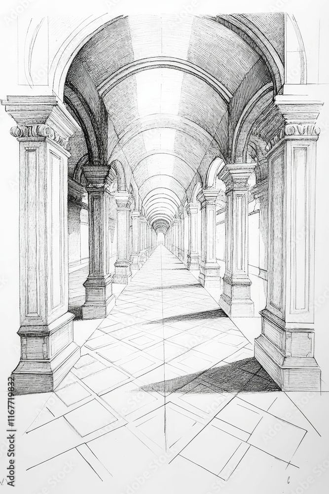 Pen-and-ink drawing: arched hallway, columns, perspective. Pen-and-ink drawing: arched hallway, columns, perspective.