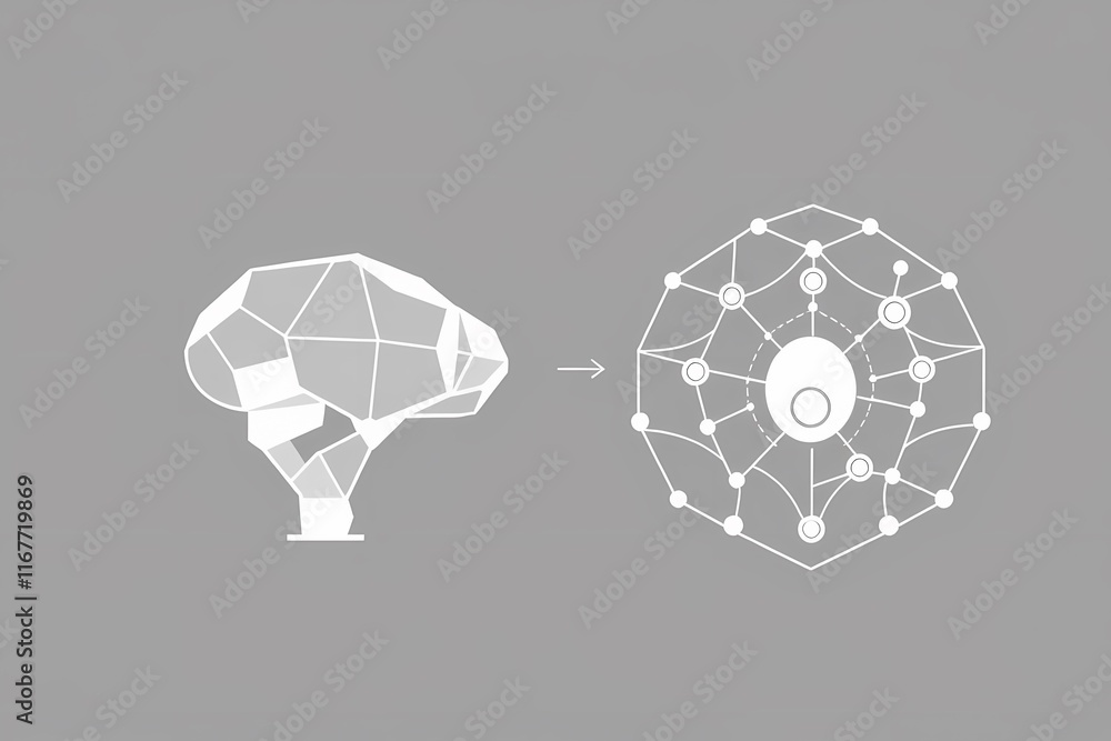 Abstract Brain Transformation: Polygonal Brain morphing into a network, representing neural connections, data processing, AI, or cognitive evolution. Abstract Brain Transformation: Polygonal Brain morphing into a network, representing neural connections, data processing, AI, or cognitive evolution.