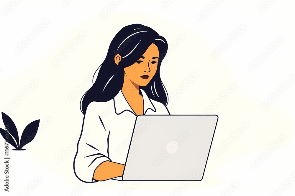 Focused Woman Working on Laptop: A stylized illustration of a woman concentrating on her laptop, exuding professionalism and determination. Focused Woman Working on Laptop: A stylized illustration of a woman concentrating on her laptop, exuding professionalism and determination.
