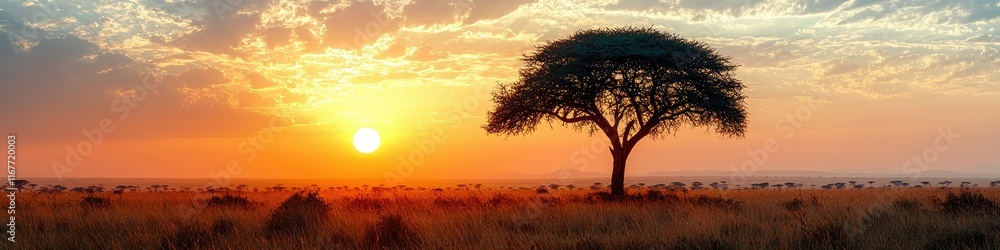 Fototapeta premium Solitary acacia tree silhouetted against a vibrant sunset over a vast African savanna.