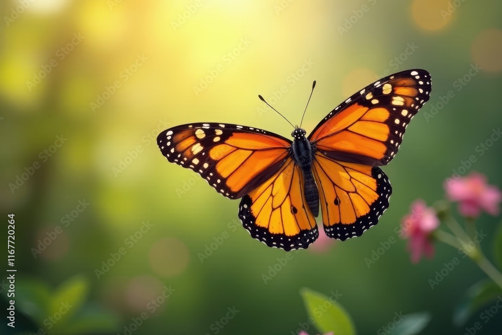 Fototapeta premium Delicate monarch butterfly soaring through sunny sky with wings spread wide, insect, flight