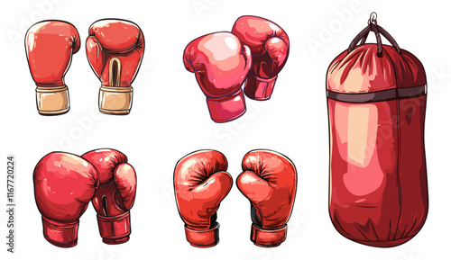 Red boxing gloves set and punching bag. Sports club fitness equipment competition for boxig kickboxing. Powerful punch concept. Cartoon style isolated vector clipart collection
