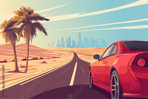 Red luxury car on desert asphalt road highway background. Palm on the side of the road. City skiline silhouettes on the backdrop. Modern speed car. Adventure journey banner poster. Cartoon style