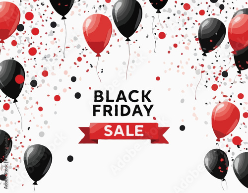 Black Friday Sale Horizontal Banner with Red and Black Shiny Balloons on White Background. Confetti and Place for text. Vector illustration.