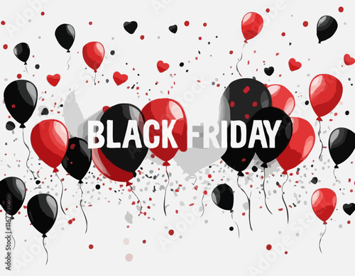 Black Friday Sale Horizontal Banner with Red and Black Shiny Balloons on White Background. Confetti and Place for text. Vector illustration.