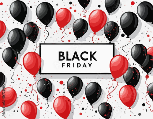 Black Friday Sale Horizontal Banner with Red and Black Shiny Balloons on White Background. Confetti and Place for text. Vector illustration.
