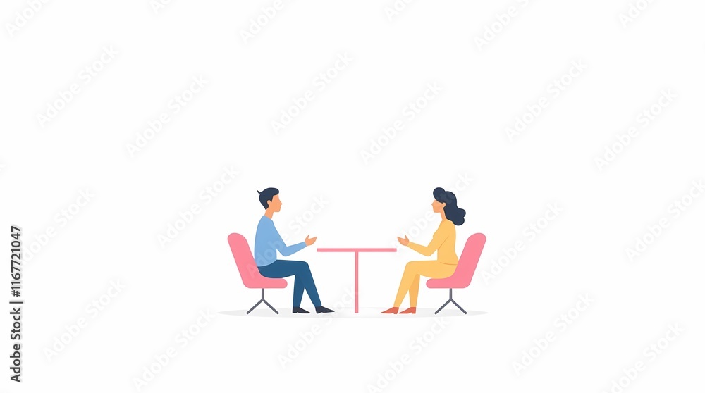 Business Meeting: A simple and modern illustration of a man and woman meeting at a table, symbolizing a business meeting, collaboration, or discussion. Business Meeting: A simple and modern illustration of a man and woman meeting at a table, symbolizing a business meeting, collaboration, or discussion.