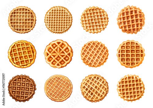Round waffle top view set. Breakfast lunch meal with and without liquid topping syrup honey. Sweet morning food pastry snack. Wafer menu design element. Cartoon style isolated vector clipart