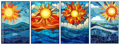 Sea and sun vertical posters set. Abstract waves clouds sky sunlight. Summer travelling holidays vacation ads backdrop. Wall art window decoration post card print. Flat stained glass style vector