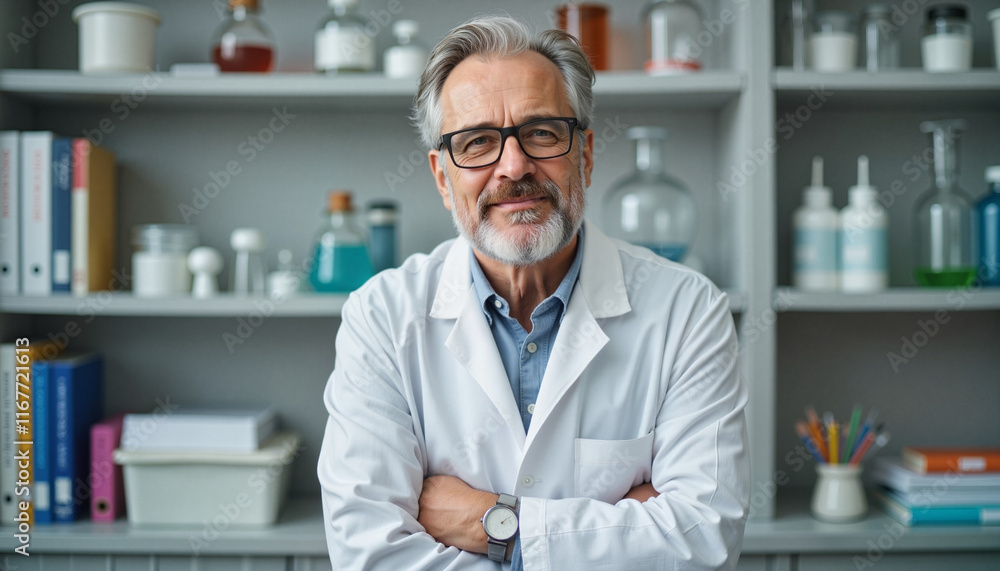 Confident science teacher smiling in laboratory classroom, educational concept Confident science teacher smiling in laboratory classroom, educational concept
