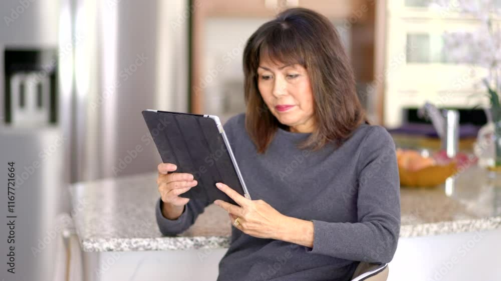 Woman reading communication on mobile tablet sitting on kitchen stool Woman reading communication on mobile tablet sitting on kitchen stool