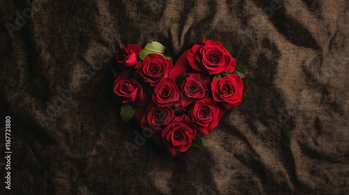 a heart-shaped arrangement of red roses on a soft satin background 