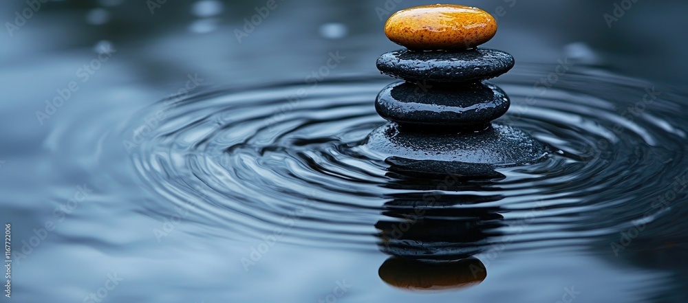 Stacked stones in tranquil water creating ripples. Stacked stones in tranquil water creating ripples.