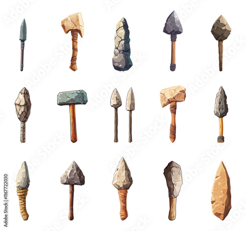 Stone age hunting tools set. Hatchet digging axe spear stone arrowhead on wooden stick. Things of prehistoric man. Educational poster museum banner design elements. Cartoon style isolated vector