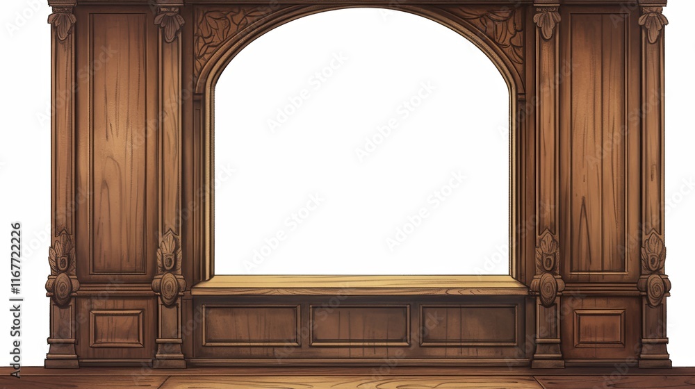 Decorative wooden archway with intricate paneling and empty bright open space Decorative wooden archway with intricate paneling and empty bright open space