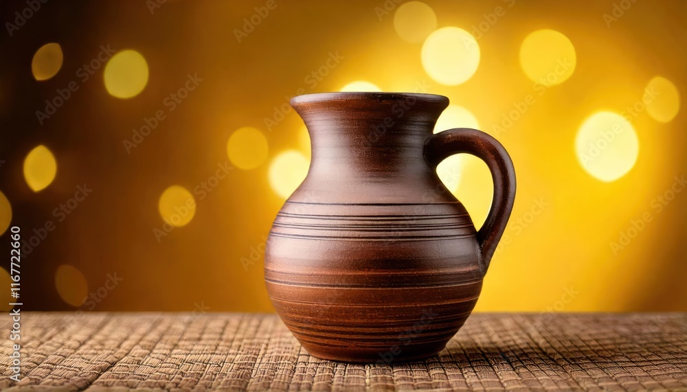 A rustic clay jug resting on a textured surface, showcasing traditional pottery craftsmanship A rustic clay jug resting on a textured surface, showcasing traditional pottery craftsmanship