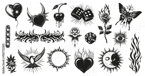 Tattoo art signs set. Y2k aesthetic 2000s symbols. Cherry with liquid drops bird fire border butterfly chain moon and sun burning rose dice. Black and white simple flat style. Isolated vector on white