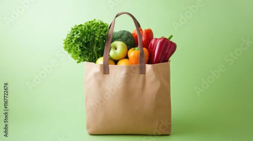 Eco-friendly reusable bag filled with fresh vegetables and fruits on green background