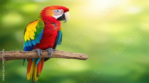 Vibrant scarlet macaw perched on branch lush forest background wildlife photography natural environment close-up view avian beauty