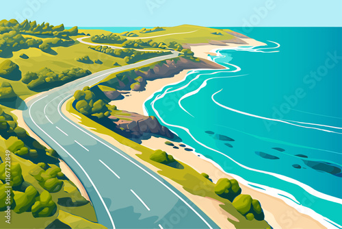 Top view of sea coast background with winding road beside it. Summer landscape sandy beach ocean sea. Trip travelling journey way path banner. Empty asphalt highway. Cartoon style vector illustration