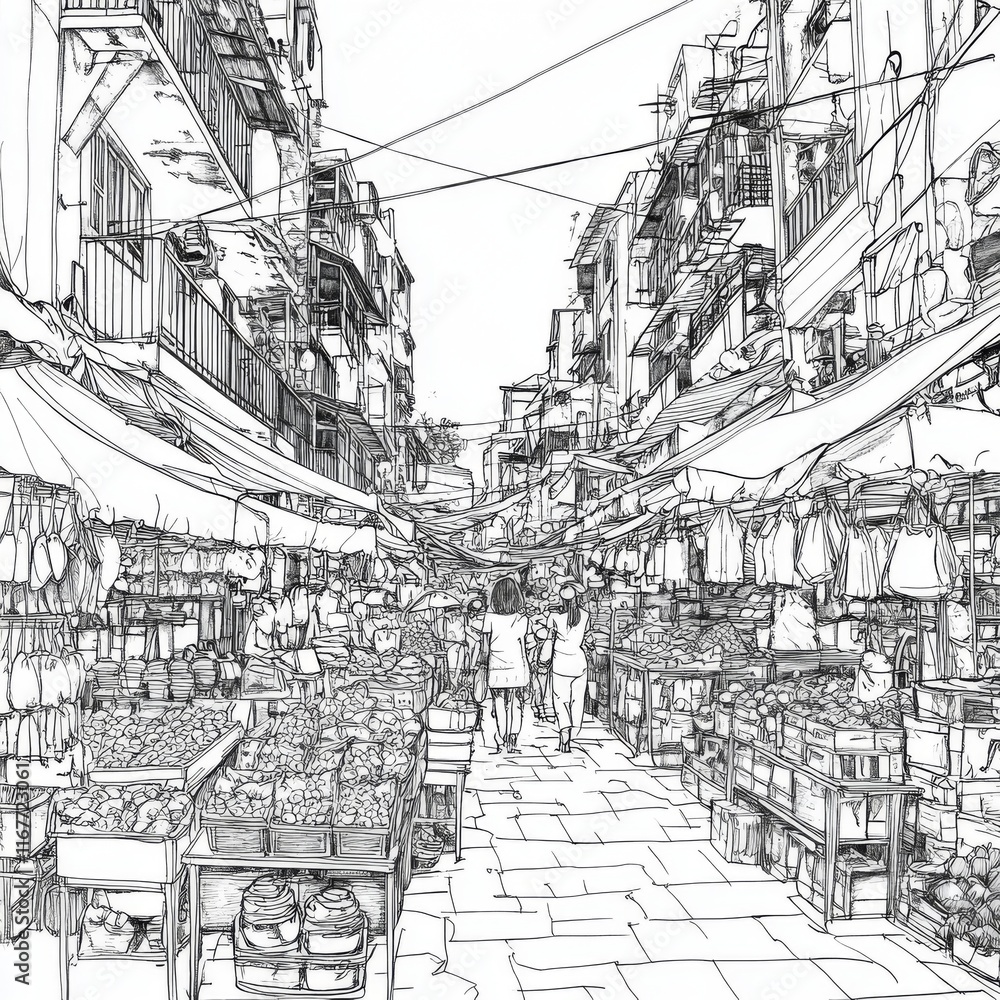 Obraz premium Sketch of a bustling marketplace street with vendors and shoppers.