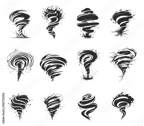 Tornado cyclone vortex. Nature disaster climat weather change wind. Storm speed hurricane logo. Air swirl powerful spiral distruction. Black and white simple flat style. Isolated vector on white