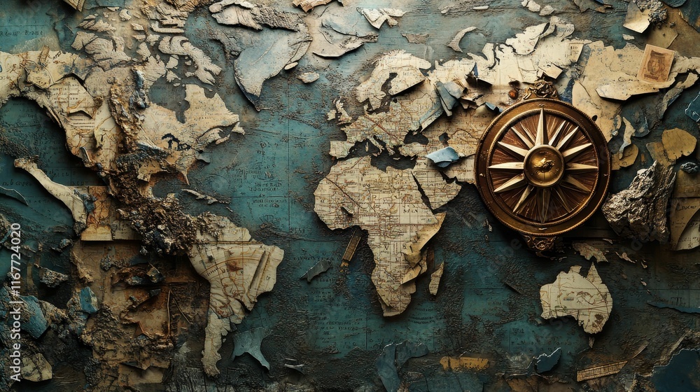 Fototapeta premium Antique world map, compass, distressed texture.